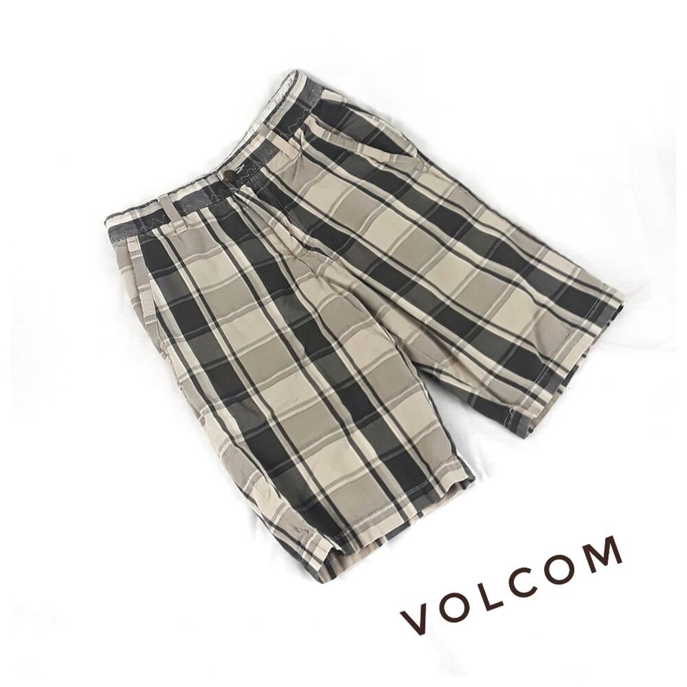 VOLCOM Boys Plaid Long Board Shorts Size 26 Tween Brown Taupe Sports Beach Basic